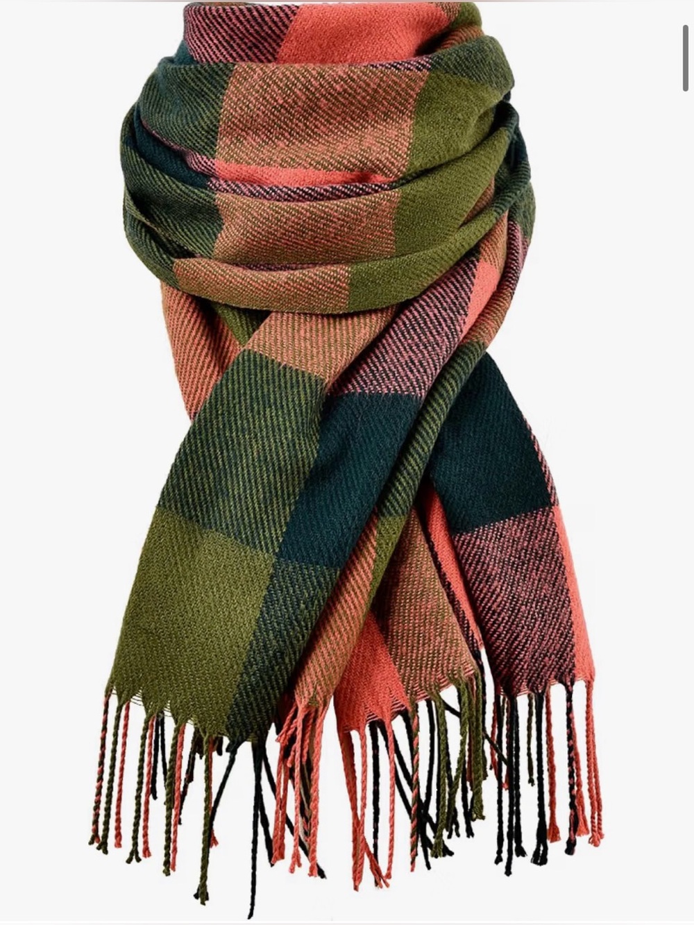 Plaid Fringe Scarf in Olive Green & Coral